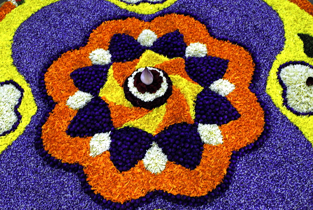 Floral decorations during Onam festival, Kerala, India, Asia