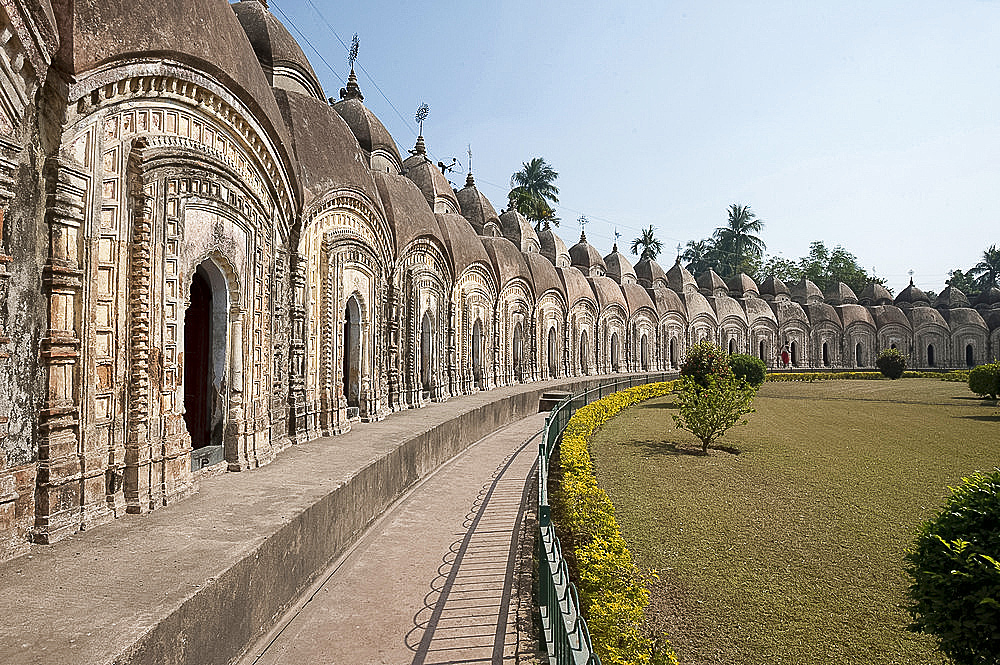 Part of the outer circle of the Naba Kailash Mandir comprising 74 of the 108 Shiva temples built in 1809, Kalna, West Bengal, India, Asia