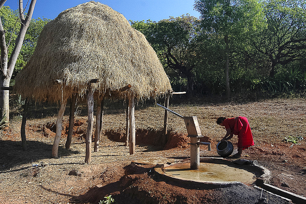 Woman washes water pot before filling it at village pump by elevated haystack, Baliguda district, Orissa, India, Asia