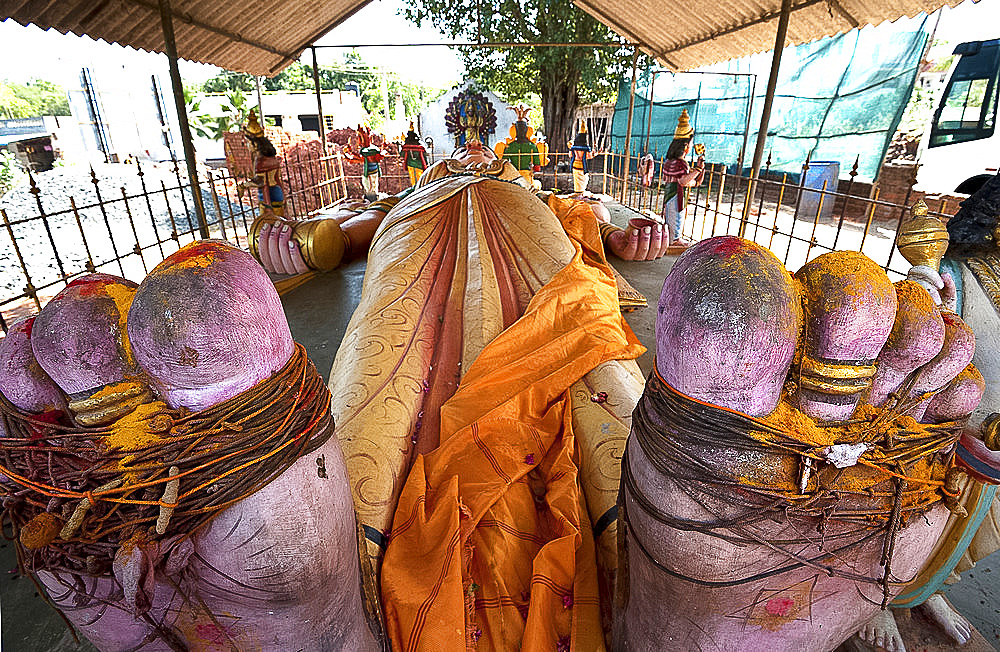 Ardhanarishvara, androgynous form of Lord Shiva, prostrate statue in temple, Auroville, Pondicherry, Tamil Nadu, India, Asia