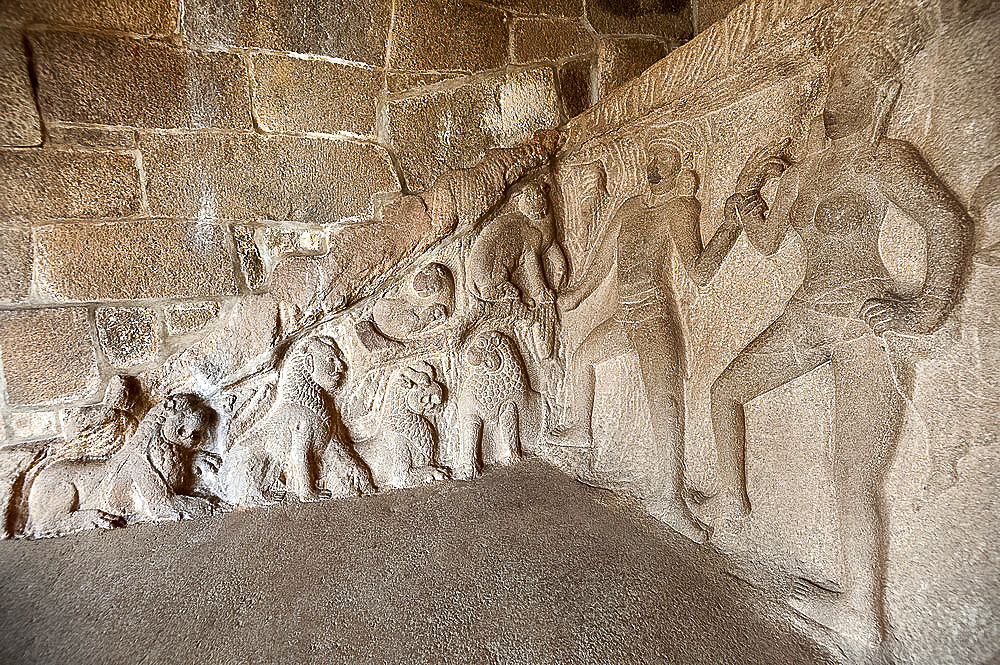 Part of the beautiful 7th century bas relief sculpture in the Krishna cave temple, Mahaballipuram, UNESCO World Heritage Site, Tamil Nadu, India, Asia