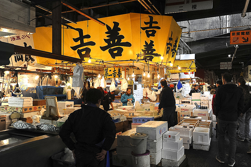 Trading in the early morning in the inner market of Tsukiji Shijo, the world's largest fish and seafood market, Tsukiji, Tokyo, Japan, Asia