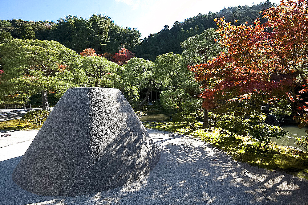 Sand cone called Moon Viewing Platform in the sand garden area of Ginkakuji (Silver Pavilion) Zen temple garden, Kyoto, Japan, Asia