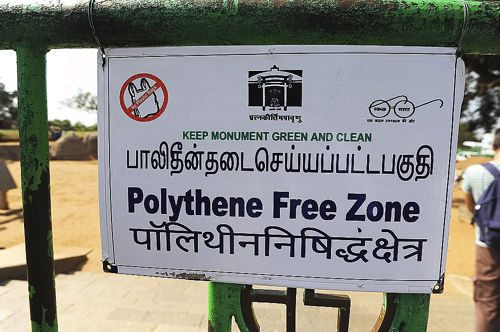 Polythene free zone sign showing India's active attempt to reduce plastic pollution, Mahaballipuram, Tamil Nadu, India, Asia