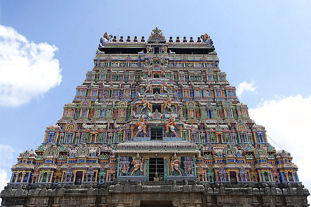 Main ornately carved painted gopuram at the 10th century Nataraj temple, Chidambaram, Tamil Nadu, India, Asia