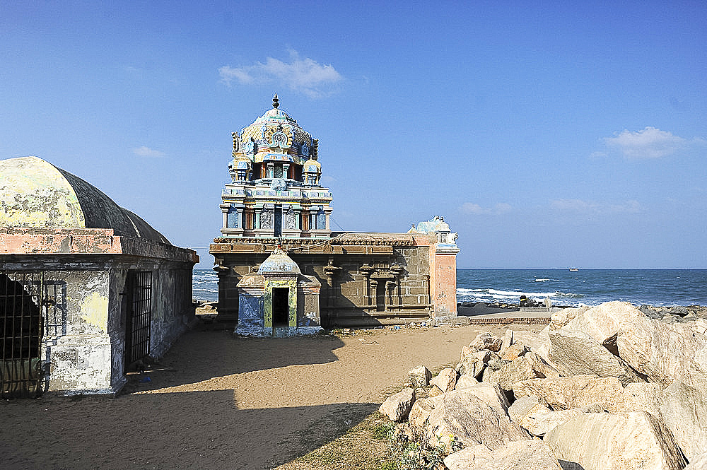 Weatherbeaten Hindu temple to Ganesh on the rocky coast at Tranquebar, Tamil Nadu, India, Asia