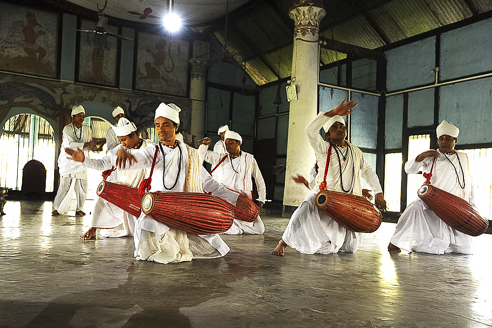 Bhokots (monks), performing the Sattriya Nritya, monastery dance of prayer, Majuli Island, Assam, India, Asia