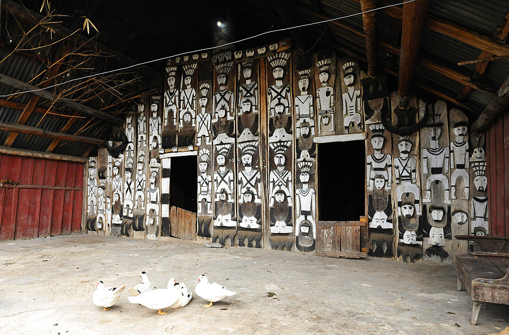 Naga chief's house, heavily decorated with tribal headhunting images, Nagaland, India, Asia