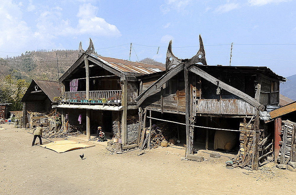 Woman raking rice to dry in the sun, grandmother holding child, in Phek Naga village, Nagaland, India, Asia