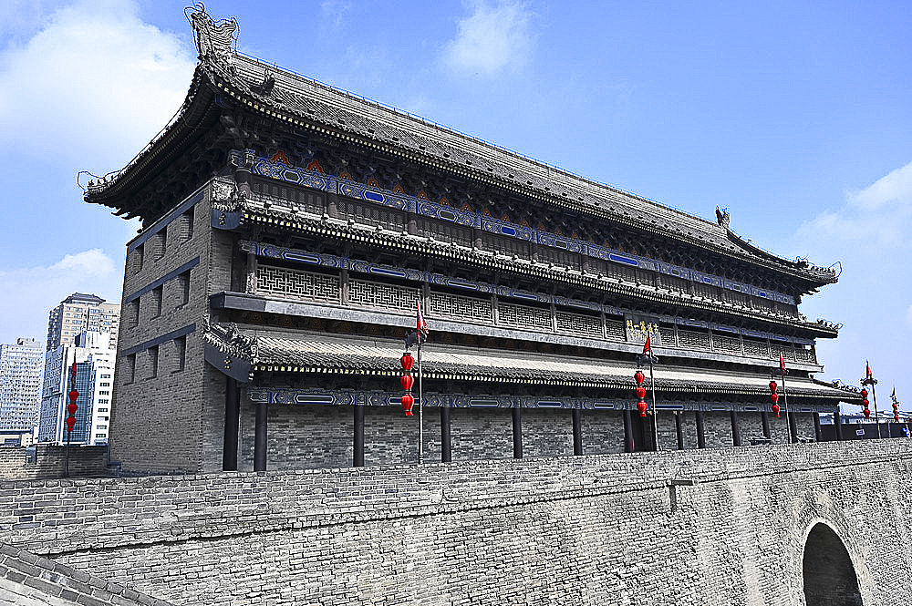 Old stone Pagoda above Anyuan, the north gate, of the 600 year old city wall, Xian, Shaanxi, China, Asia