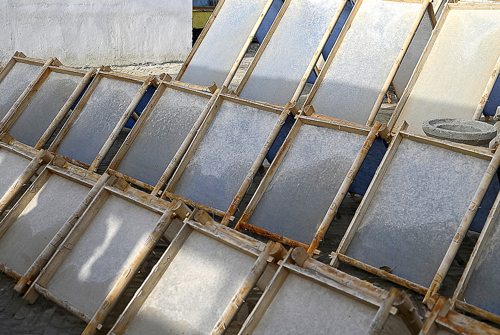 Hand made paper made from mulberry tree bark drying in the sun, Moyen, Hotan, Xinjiang, China, Asia