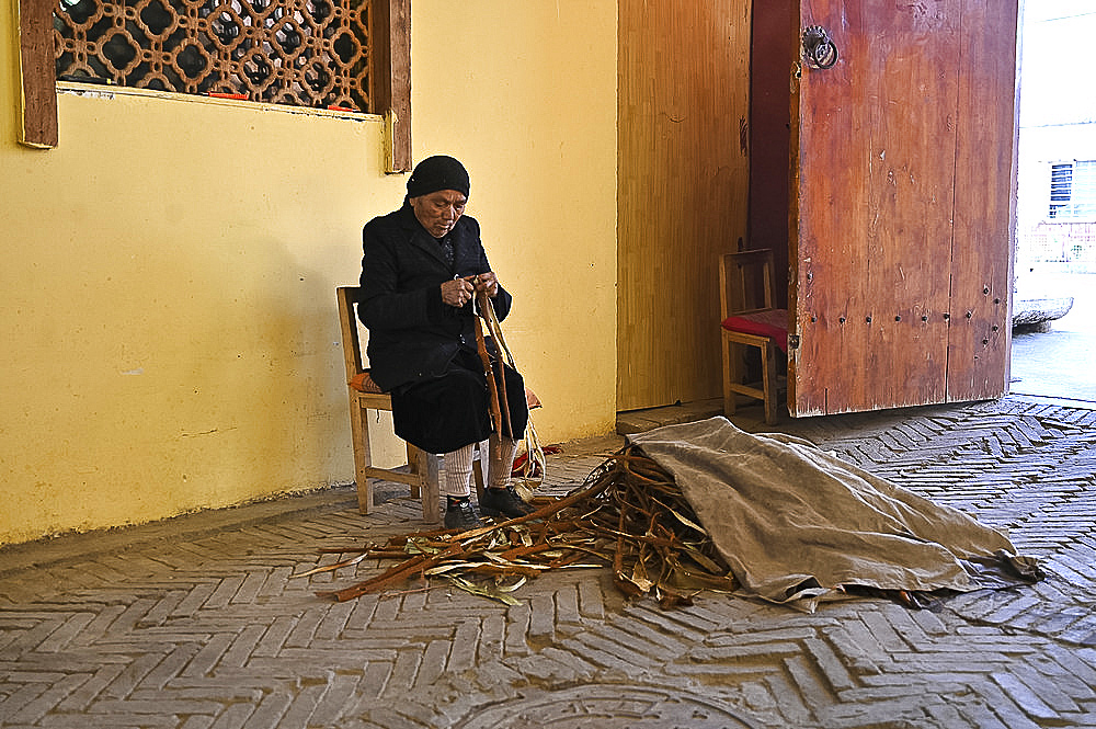 Uyghur woman stripping bark from Mulberry branches for paper making, Hotan, Xinjiang, China, Asia