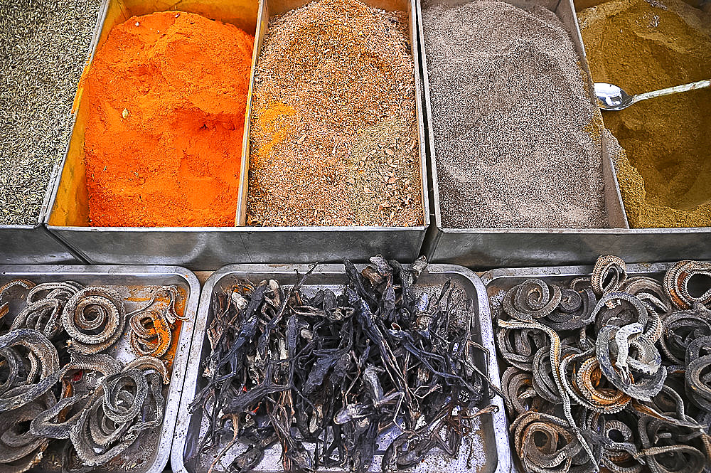 Dried frogs, snakes and spices for sale in Kashgar covered market, Kashgar, Xinjiang, China, Asia