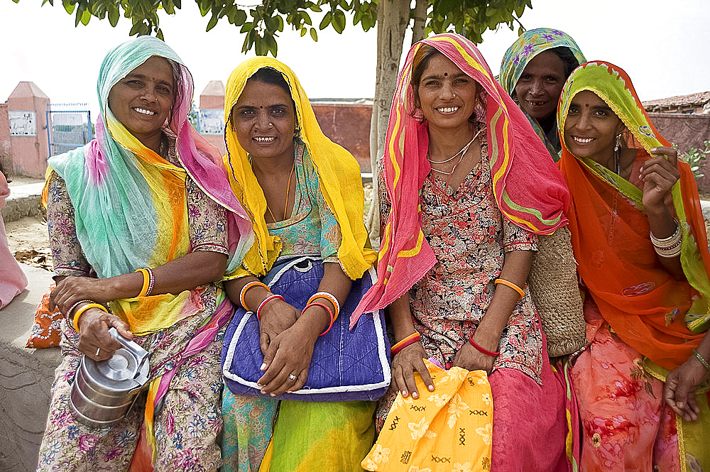 Women waiting for village jeep after their morning shift working with cows, Binawas, Rajasthan, India, Asia