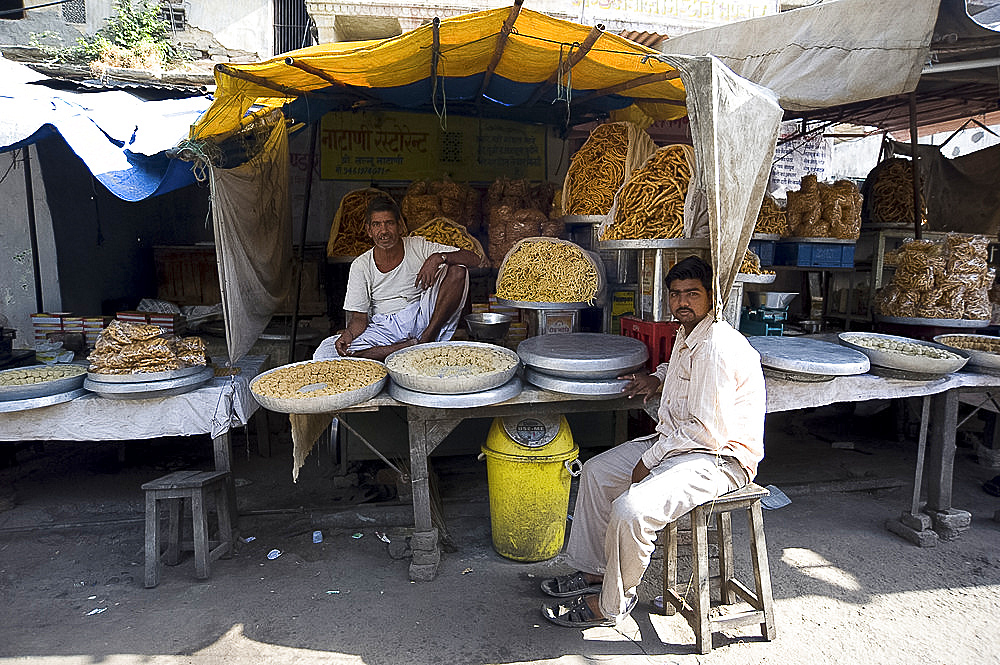 Namkeen (savoury snacks) stall, Amber, Rajasthan, India, Asia