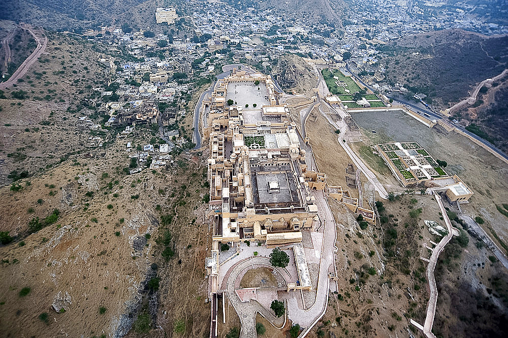 Amber Palace and village of Amber in the Aravali Hills, Rajasthan, India, Asia