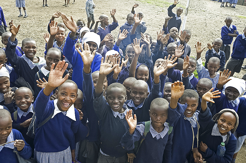 School children waving, Langalanga Primary School, Gilgil district, Rift Valley, Kenya, East Africa, Africa