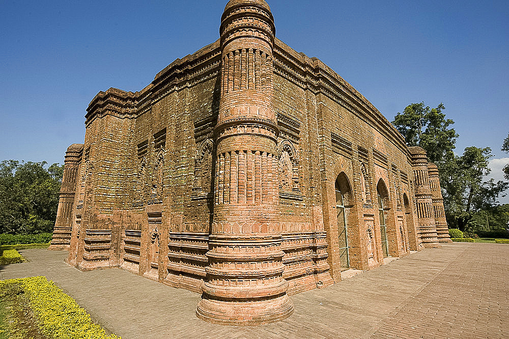 Beautiful red brick late 15th century Lattan mosque, remains of glazed colour on some bricks still visible, Gaur, West Bengal, India, Asia