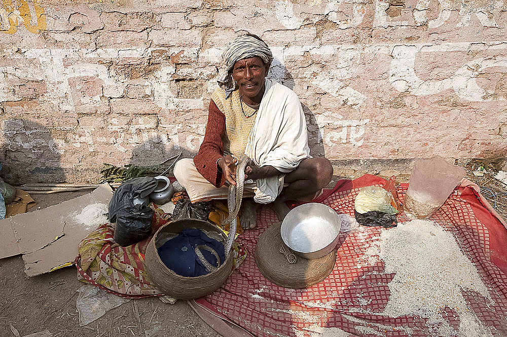 Snake charmer at rural cattle fair, Sonepur, Bihar, India, Asia