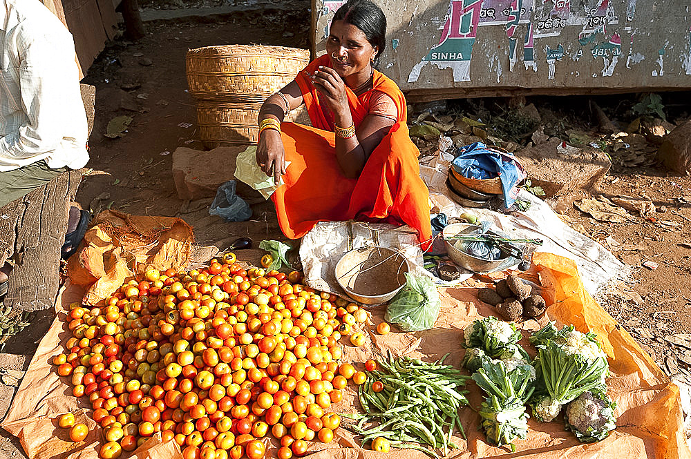 Woman at roadside vegetable stall selling tomatoes, beans and cauliflowers, rural Orissa, India, Asia