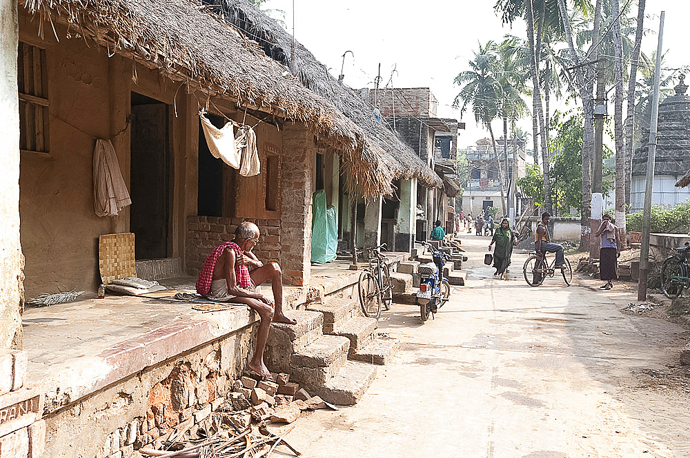 Artists houses with thatched roofs in main street of artists' village, Raghurajpur, Orissa, India, Asia