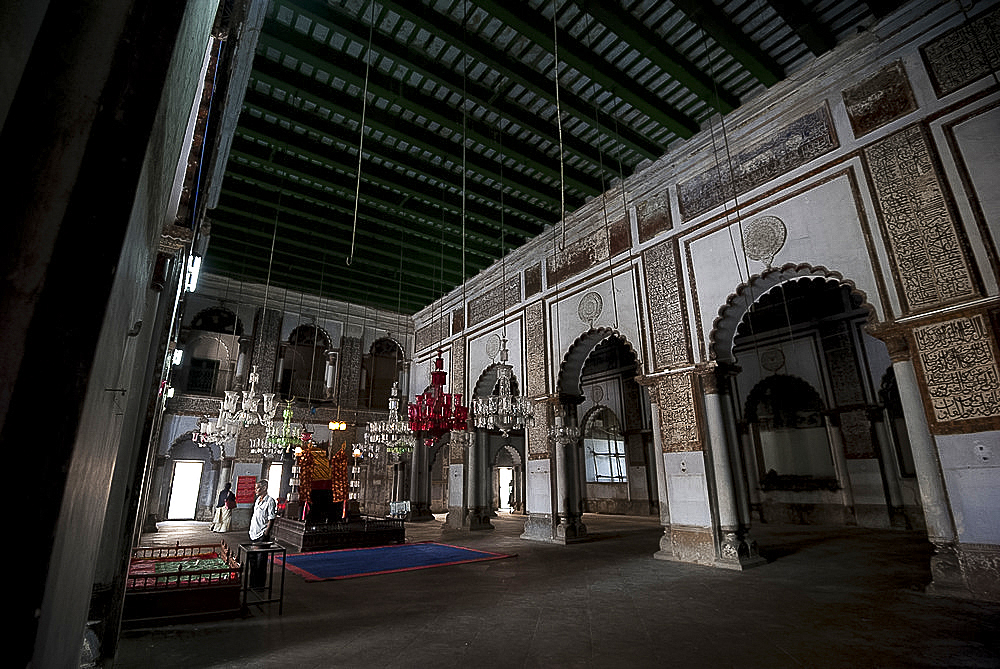 Mosque interior with holy dais and hanging glass lanterns, in the Hugli Imambara, on the bank of the Hugli river, West Bengal, India, Asia