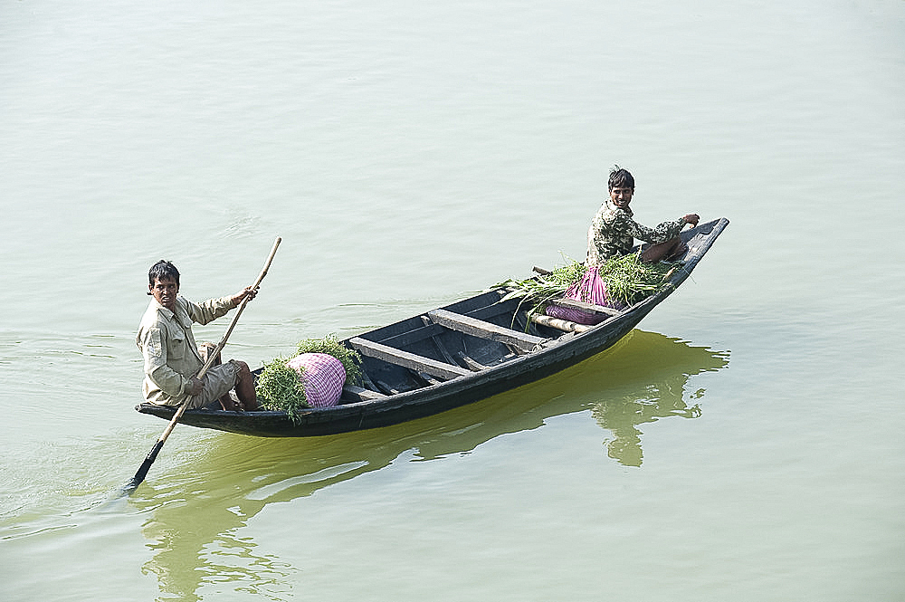 Village men punting a wooden boat along the River Hugli (River Hooghly), carrying bundles of alfalfa to market, near Kolkata, West Bengal, India, Asia