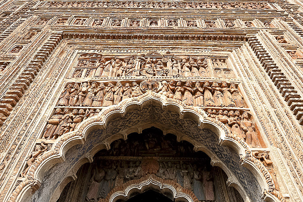 Carved rekha style facade of the 19th century Prataspeswar terracotta temple, built in 1849 in the temple complex, Kalna, West Bengal, India, Asia