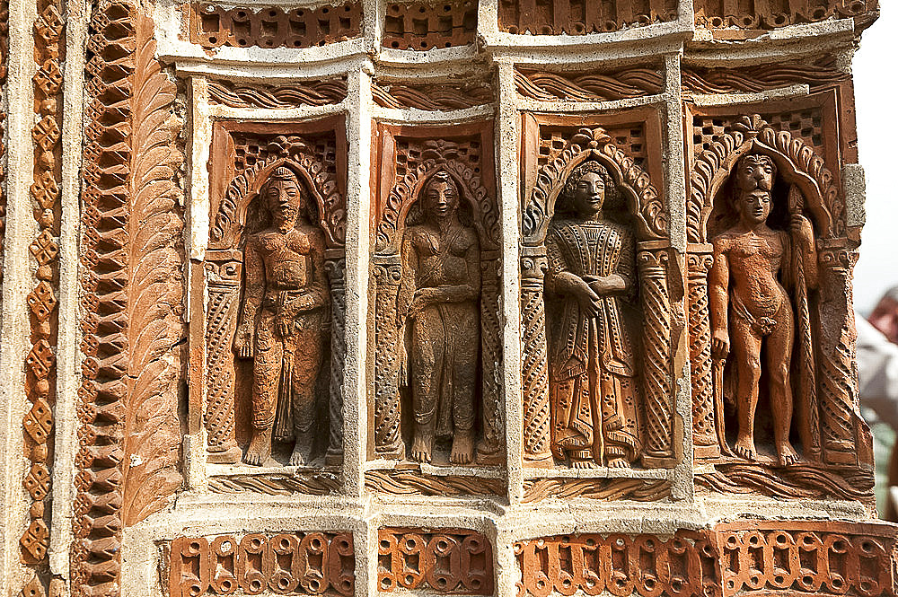 Detail of carved rekha style facade of the 19th century Prataspeswar terracotta temple, built in 1849, Kalna temple complex, West Bengal, India, Asia