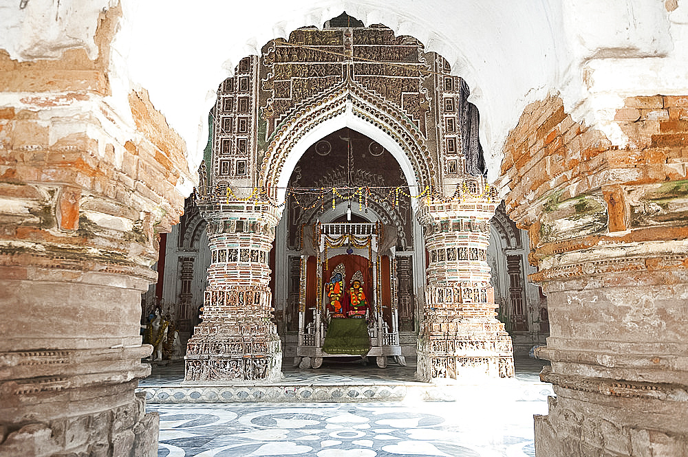 Hindu deities Lord Krishna and his consort Radha in the Lalji Mandir shrine, one of the terracotta temples at Kalna, West Bengal, India, Asia