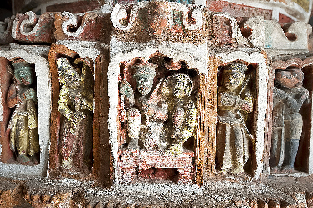 Detail of the carved and painted terracotta work in the Lalji Mandir, one of the terracotta temples at Kalna, West Bengal, India, Asia