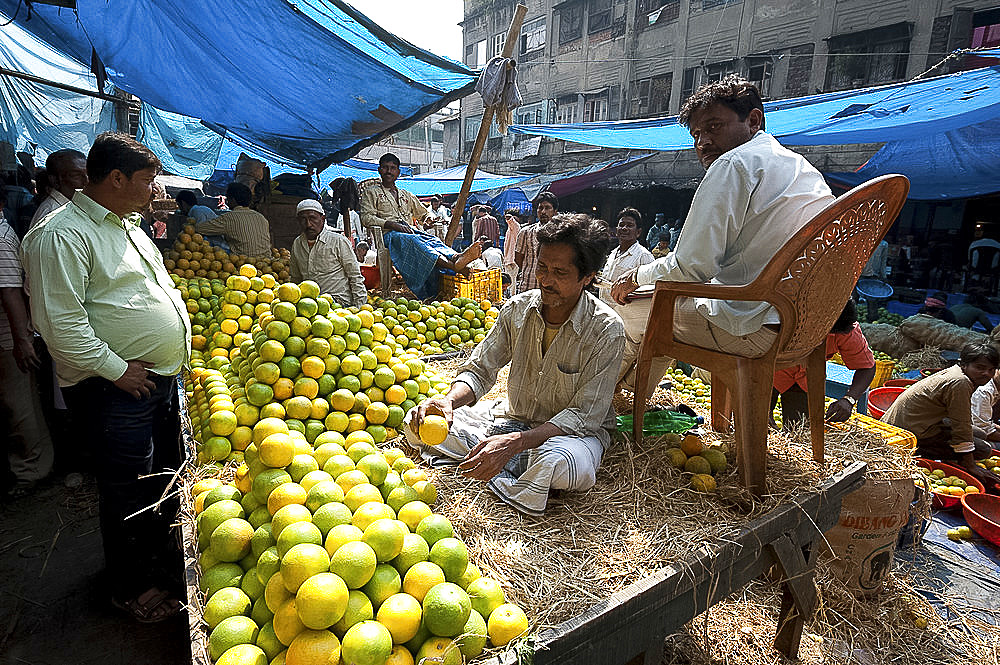 Orange salesmen in New Market, Kolkata, West Bengal, India, Asia