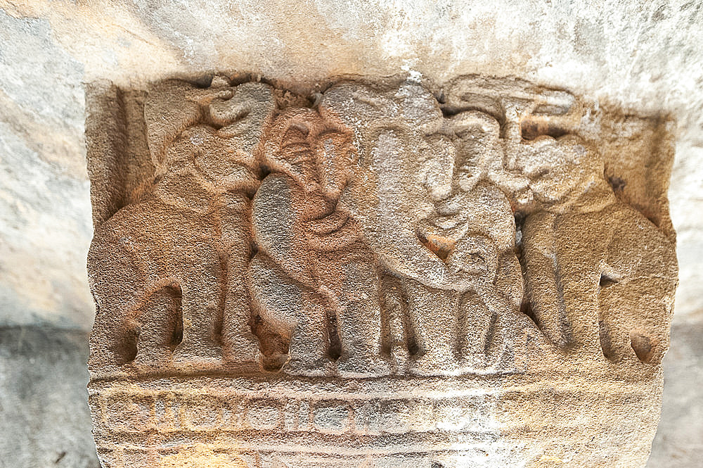 Detail of carving inside one of the 18 Udayagiri caves, used as residences for Jain monks 2000 years ago, Bhubaneshwar, Orissa, India, Asia