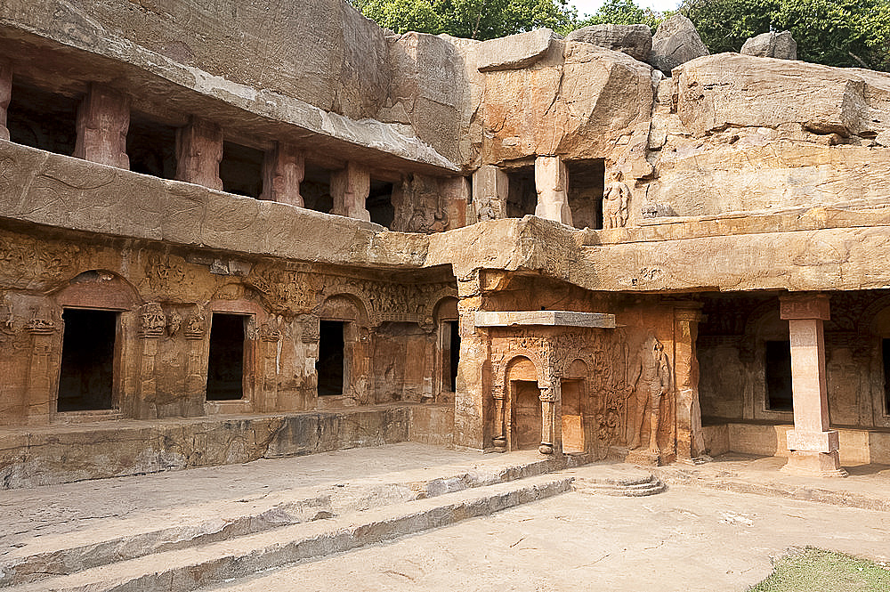 Ranigumpha, cave number 1 of Udayagiri caves, ornately carved, once used as meeting place for Jain monks, Bhubaneshwar, Orissa, India, Asia