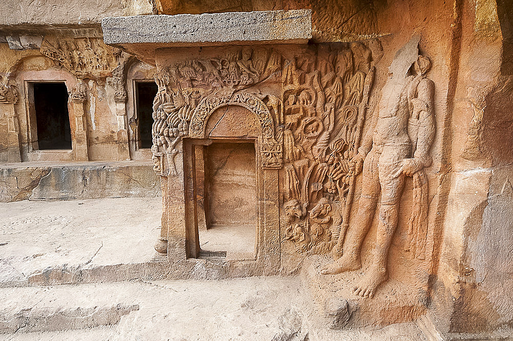 Ornate carving in Ranigumpha, cave number 1, Udayagiri caves, used as meeting place for Jain monks, Bhubaneshwar, Orissa, India, Asia