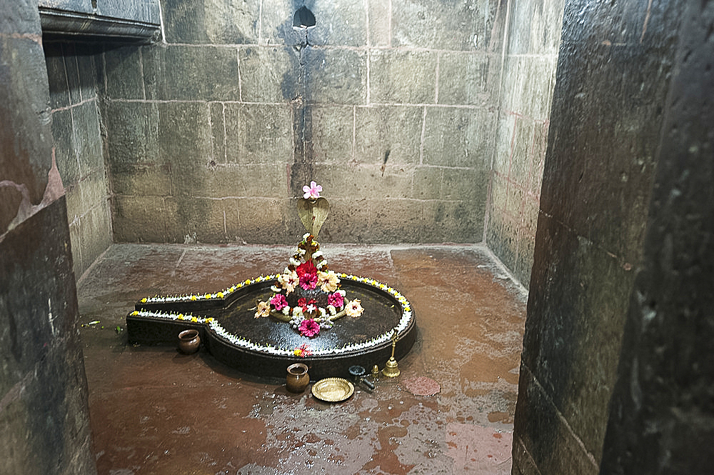 Shiva lingum and yoni, symbol of goddess Shakti, decorated with hibiscus flowers, Muktesvara Deula temple, 970AD, Bhubaneshwar, Orissa, India, Asia