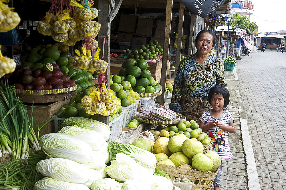 Javanese stall holder and her daughter by their vegetable stall in the local market, Solo river valley, Java, Indonesia, Southeast Asia, Asia