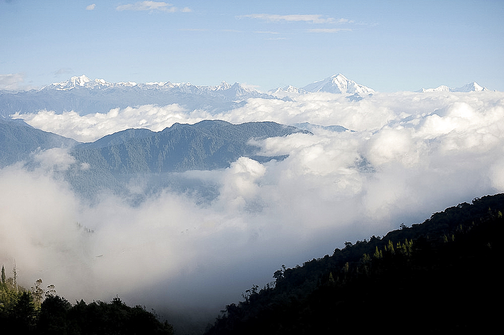 Gorichen peak, highest peak in Arunachal Pradesh at 22500 feet, capped with fresh snow, visible from the road at Bomdila, Arunachal Pradesh, India, Asia