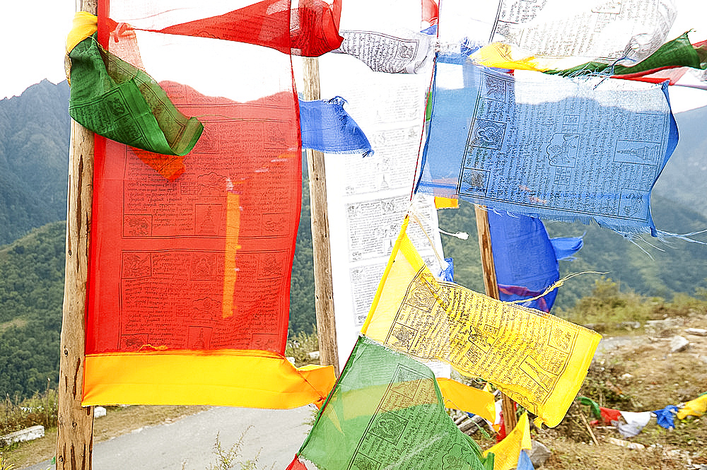 Buddhist prayer flags flapping in the wind at a rural roadside near the Sela Pass, Arunachal Pradesh, India, Asia