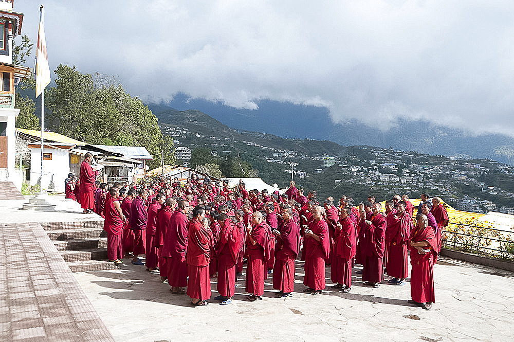 Buddhist monks gathered for morning prayers, Tawang Buddhist monastery, the largest in India, Tawang, Arunachal Pradesh, India, Asia