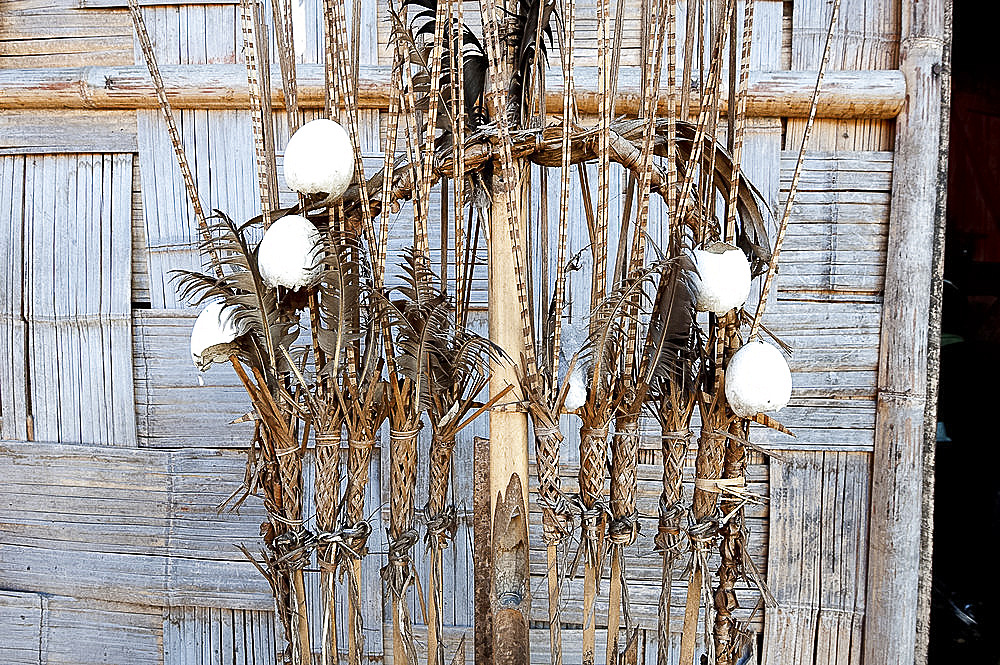 Animist Donyi Polo shrine, made from bamboo, feathers and eggshells, asking for cure for illness in Apatani village house, Ziro, Arunachal Pradesh, India, Asia