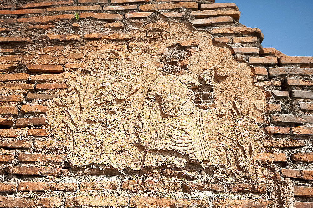 Detail of 18th century decoration in indigenous cement on brickwork in the Talatal Ghar Ahom Palace, Rangpur, Sivasagar, Assam, India, Asia