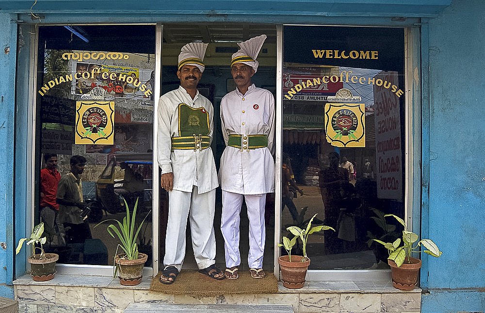 Two waiters at the famous India Coffee House in Kottayam, Kerala, India, Asia