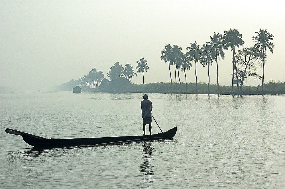 Canoe at dawn on backwaters, Alleppey District, Kerala, India