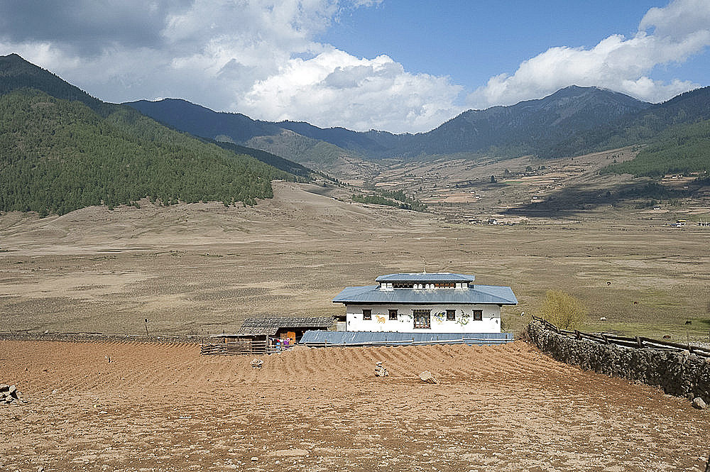 Small farmstead in the wide and shallow Phobjikha Valley, where the black-necked crane spends the summer, Phobjikha, Bhutan, Asia