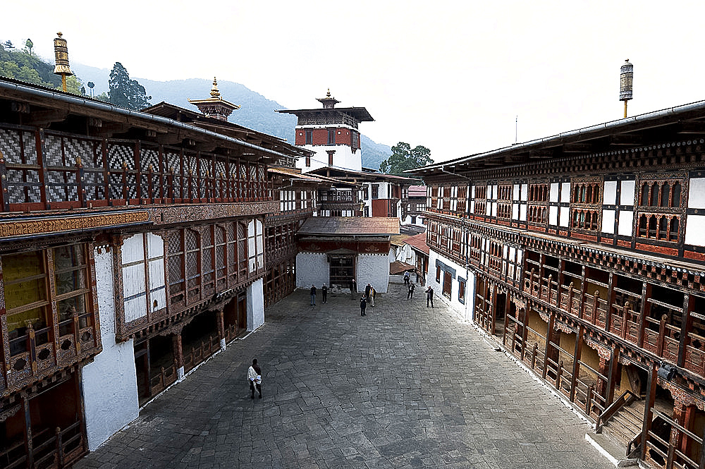 Inner courtyard in Trongsa Dzong, Bhutan's largest monastery fortress, established in 1543 overlooking the Mangde river gorge, Bhutan, Asia