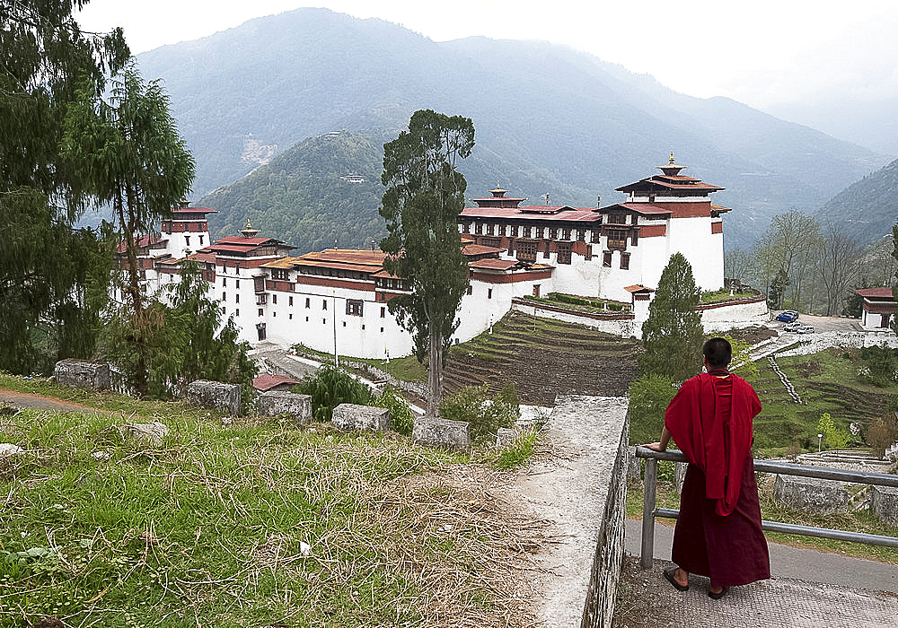 Buddhist monk looking back at Trongsa Dzong, Bhutan's largest monastery fortress established in 1543 above Mangde river gorge, Bhutan, Asia