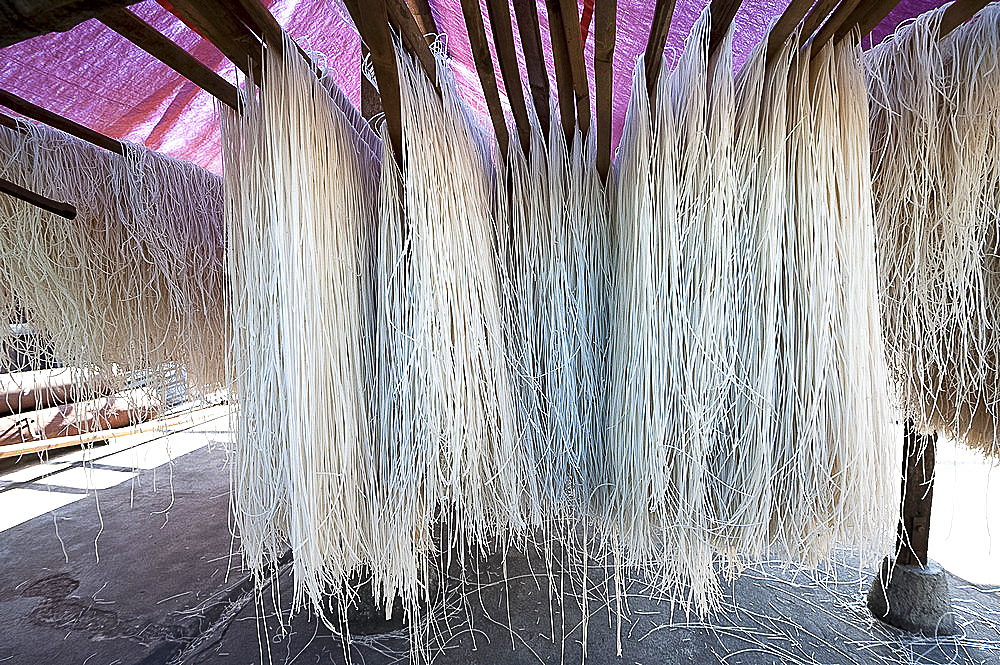 Freshly made rice noodles hanging over bamboo poles to dry, ready for sale, Hsipaw, Shan state, Myanmar (Burma), Asia