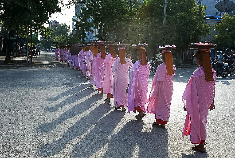 Long line of Buddhist nuns dressed in pink robes, heads covered, alms bowls on their heads, crossing main road in Mandalay, Myanmar (Burma), Asia