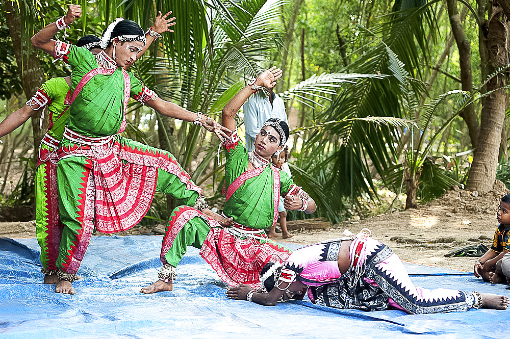 Young boys performing Gotipua dance, the traditional folk dance of Odisha inspired by Hindu gods, Lords Jagannath and Krishna, Odisha, India, Asia